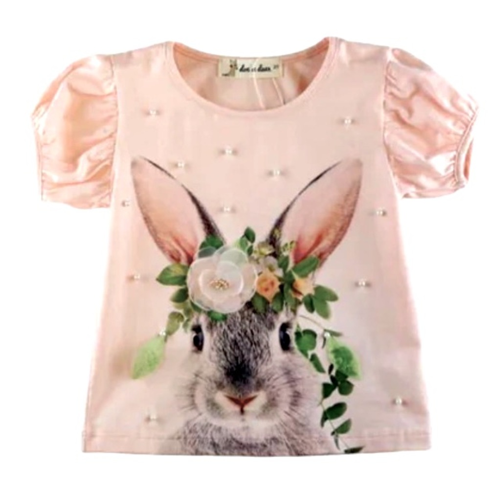 NWOT Doe a dear Light Pink Bunny shirt with Pearls. 2 sided. Size Girl 2T